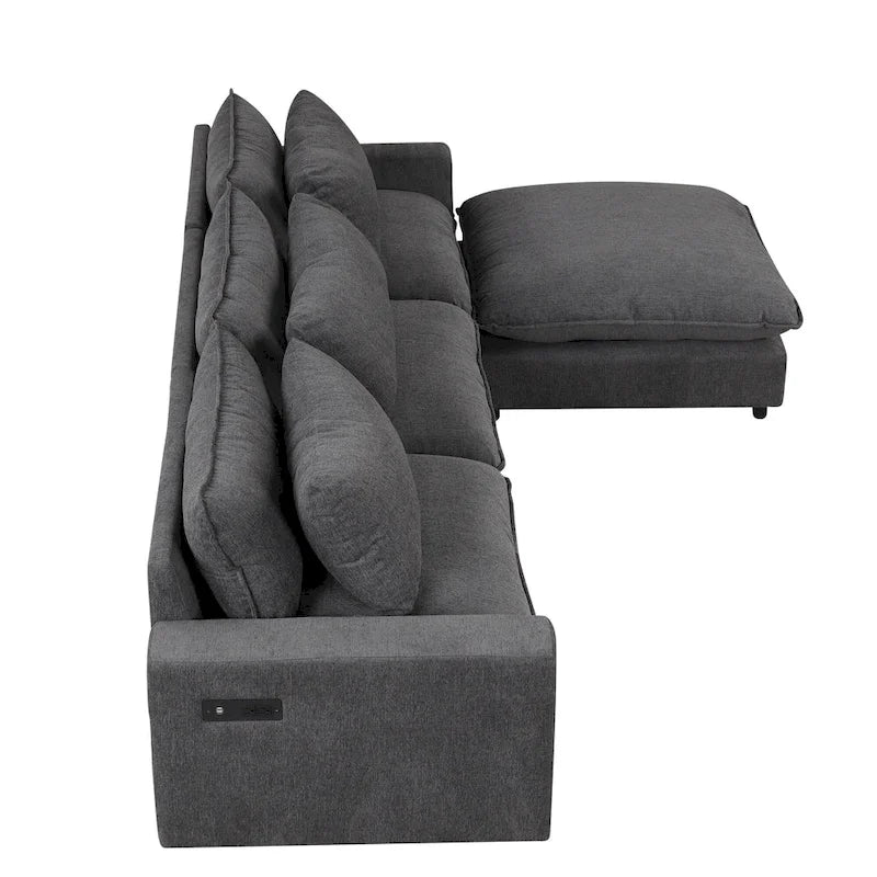 Sectional Sofa Cloud Sofa, Chenille Upholstered Sofa Couch with Movable Ottoman Charging Ports and 3 Back Pillows