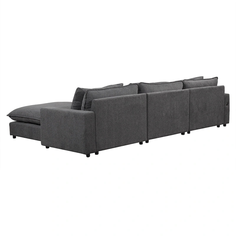 Sectional Sofa Cloud Sofa, Chenille Upholstered Sofa Couch with Movable Ottoman Charging Ports and 3 Back Pillows