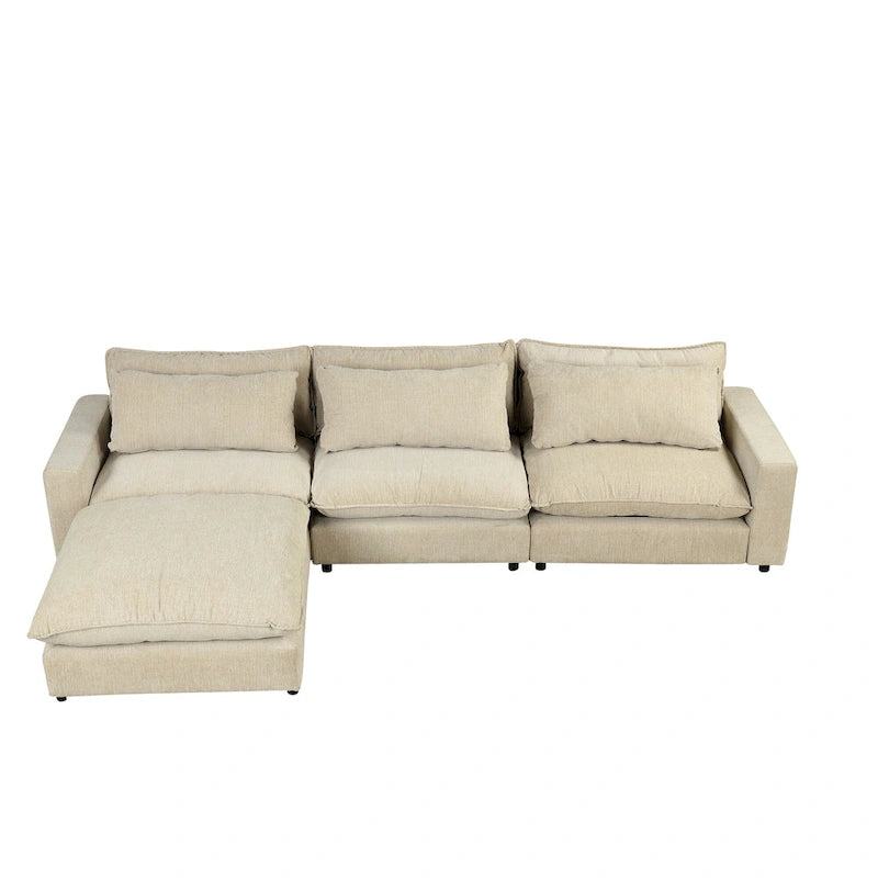 Sectional Sofa Cloud Sofa, Chenille Upholstered Sofa Couch with Movable Ottoman Charging Ports and 3 Back Pillows