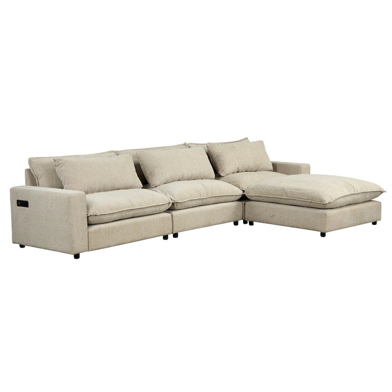 Sectional Sofa Cloud Sofa, Chenille Upholstered Sofa Couch with Movable Ottoman Charging Ports and 3 Back Pillows