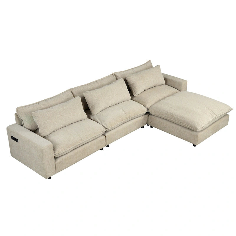Sectional Sofa Cloud Sofa, Chenille Upholstered Sofa Couch with Movable Ottoman Charging Ports and 3 Back Pillows