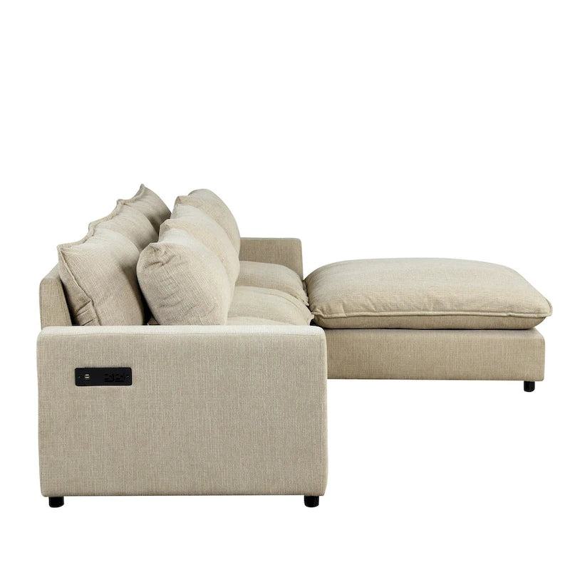 Sectional Sofa Cloud Sofa, Chenille Upholstered Sofa Couch with Movable Ottoman Charging Ports and 3 Back Pillows