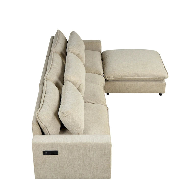 Sectional Sofa Cloud Sofa, Chenille Upholstered Sofa Couch with Movable Ottoman Charging Ports and 3 Back Pillows