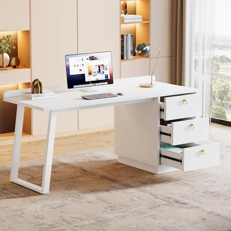 White Computer Desk with Drawers, 55 Inches Modern Home Office Desk with Storage