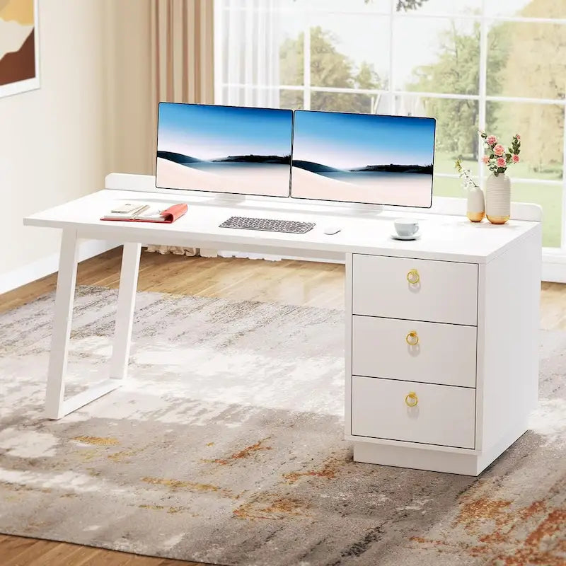 White Computer Desk with Drawers, 55 Inches Modern Home Office Desk with Storage