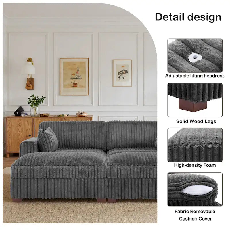 82 W Plush Corduroy Modular Sectional Sofa with Chaise Lounge