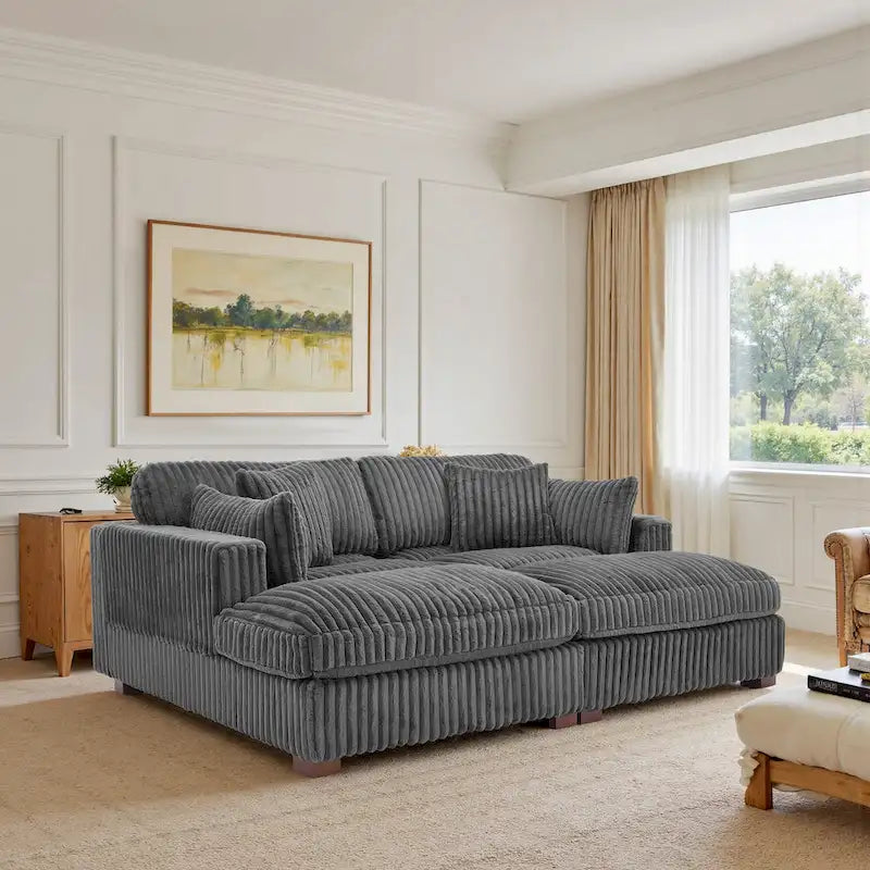 82 W Plush Corduroy Modular Sectional Sofa with Chaise Lounge