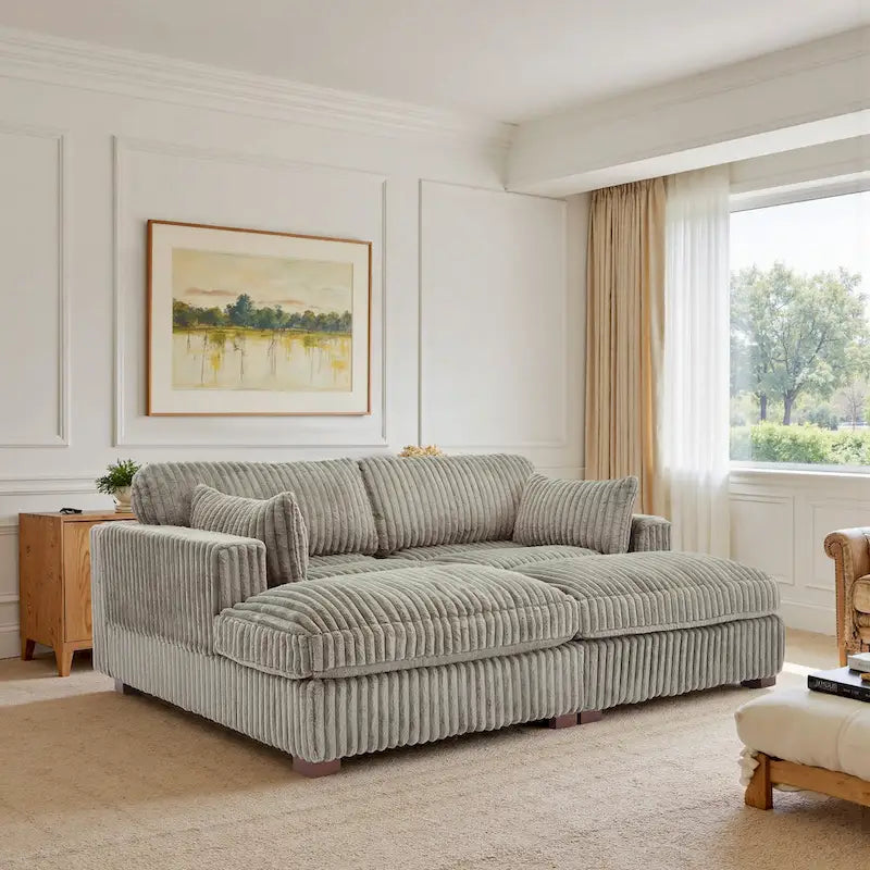 82 W Plush Corduroy Modular Sectional Sofa with Chaise Lounge