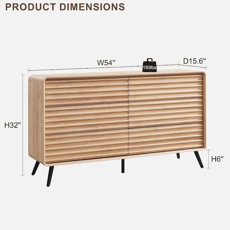 Mid Century Modern 6 Drawers Dresser, Wood Fluted Chest of Drawers