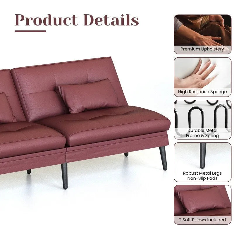 Grondin Convertible Futon Sofa Bed, 5-Angle Adjustable Backrest Sleeper Couch with 2 Pillows, Modern Style Recliner Lounge