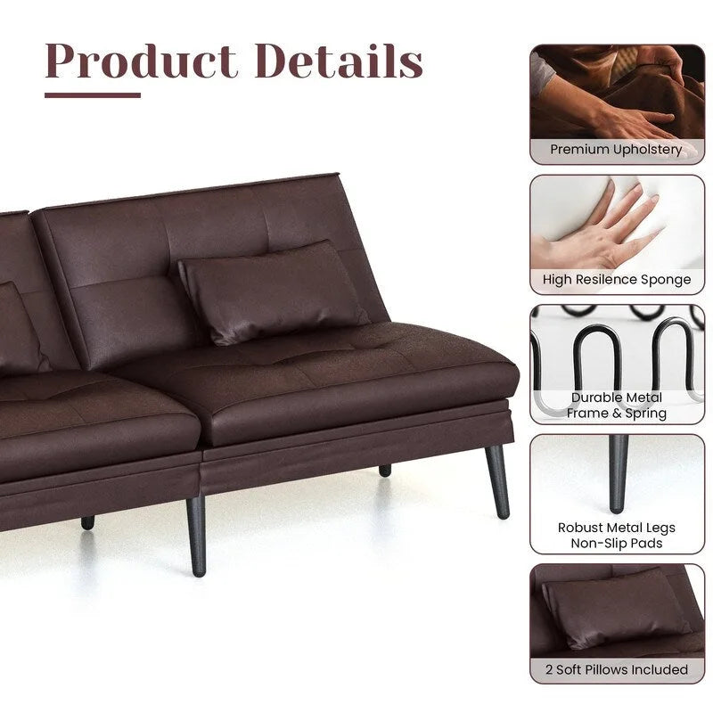 Grondin Convertible Futon Sofa Bed, 5-Angle Adjustable Backrest Sleeper Couch with 2 Pillows, Modern Style Recliner Lounge