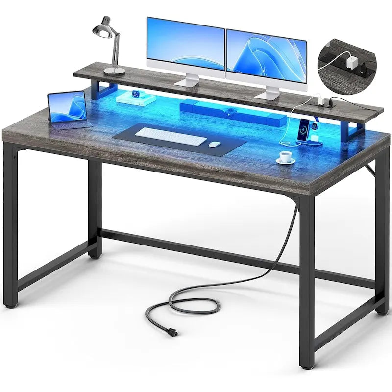 55 Inch Computer Desk with Socket and LED Light,Home Office Desk with 1.5 inch Thickened desktop,Writing Study Gaming Table