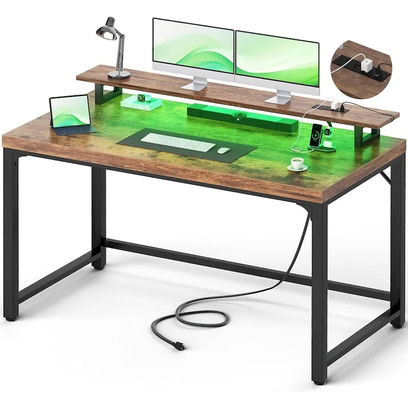 55 Inch Computer Desk with Socket and LED Light,Home Office Desk with 1.5 inch Thickened desktop,Writing Study Gaming Table