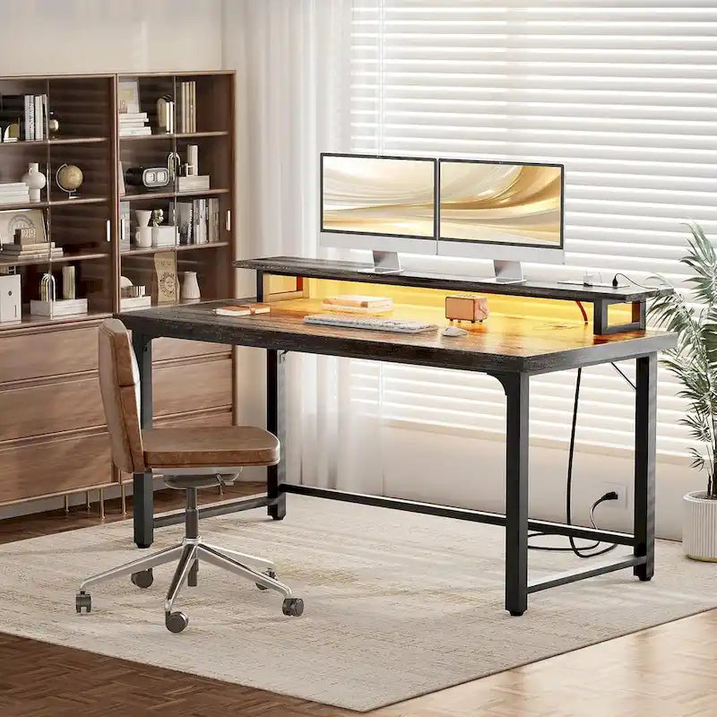 55 Inch Computer Desk with Socket and LED Light,Home Office Desk with 1.5 inch Thickened desktop,Writing Study Gaming Table