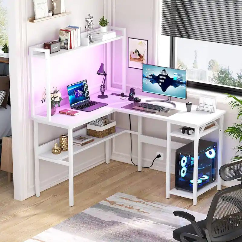 L Shaped Computer Desk with Hutch and Storage Shelves, Corner Gaming Table with LED Lights