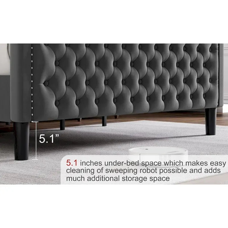 King Size Modern Style Velvet Platform Bed with Upholstered Headboard for Bedroom