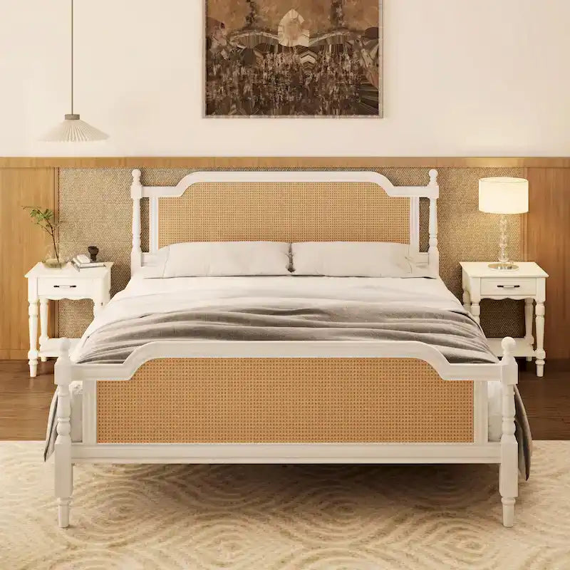 Traditional Style Platform Bed with Rattan Headboard and Footboard for Bedroom