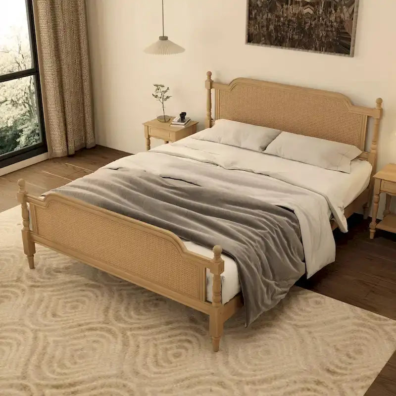 Traditional Style Platform Bed with Rattan Headboard and Footboard for Bedroom