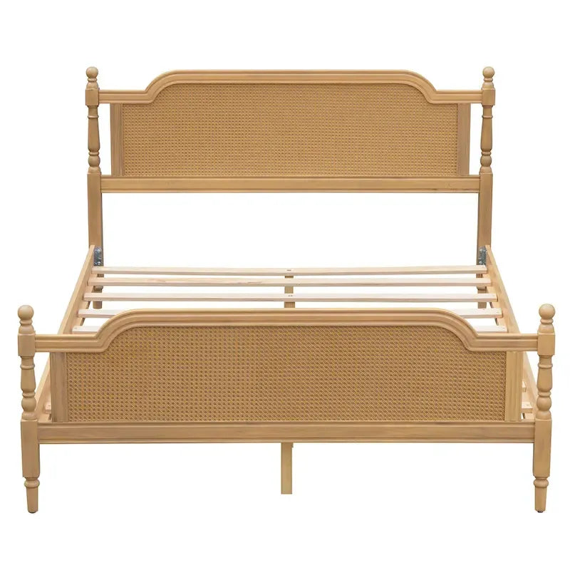 Traditional Style Platform Bed with Rattan Headboard and Footboard for Bedroom