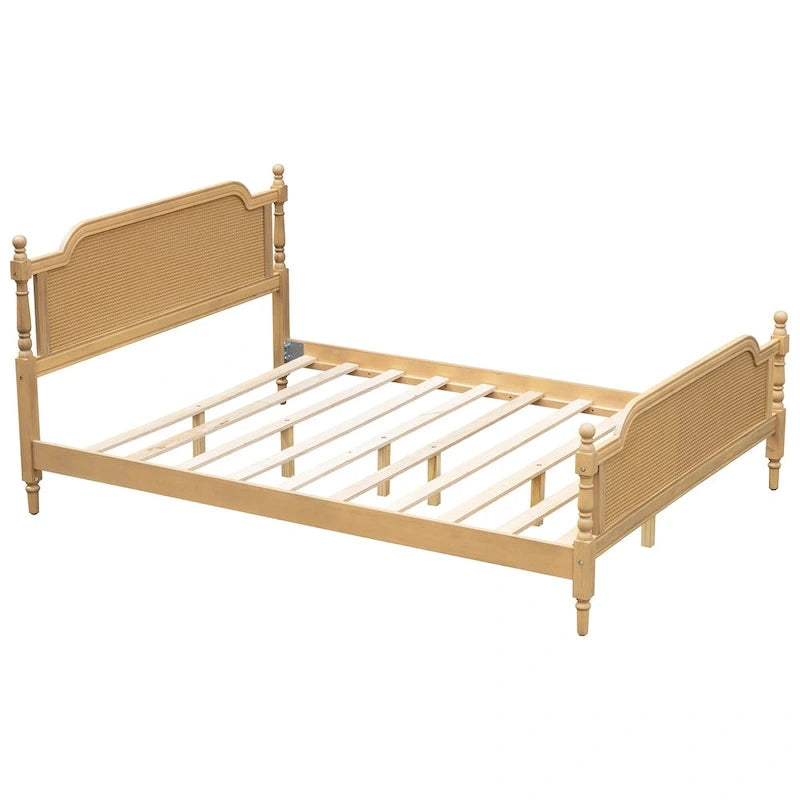 Traditional Style Platform Bed with Rattan Headboard and Footboard for Bedroom