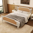 Traditional Style Platform Bed with Rattan Headboard and Footboard for Bedroom