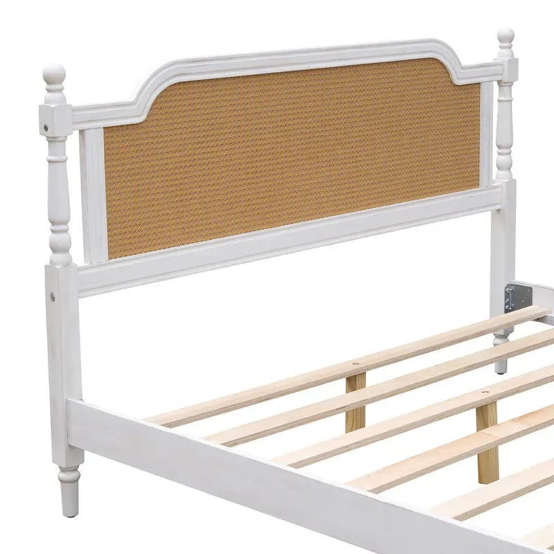 Traditional Style Platform Bed with Rattan Headboard and Footboard for Bedroom