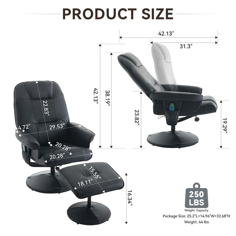 PU Leather 360 Swivel Massage Recliner Chair with Ottoman, Massage and Heated Seat, 140 Adjustable Backrest