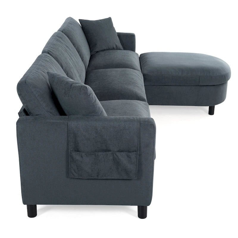 Grey 107.87 Removable Cushion 4 Seater Sectional Sofa with Movable Ottoman, Storage Armrest Bag