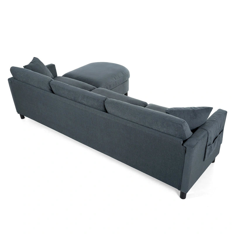 Grey 107.87 Removable Cushion 4 Seater Sectional Sofa with Movable Ottoman, Storage Armrest Bag