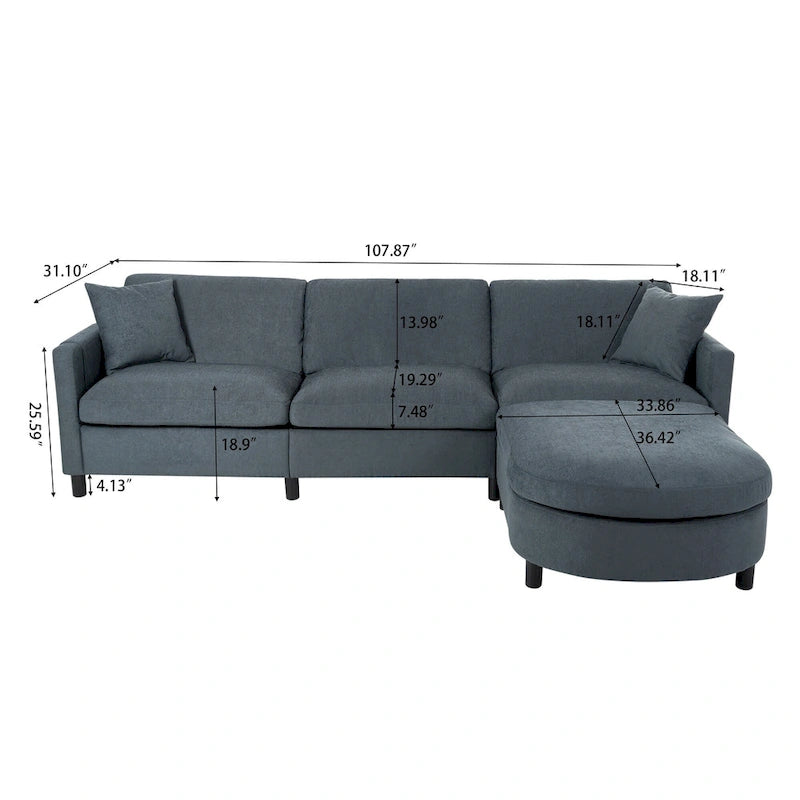 Grey 107.87 Removable Cushion 4 Seater Sectional Sofa with Movable Ottoman, Storage Armrest Bag