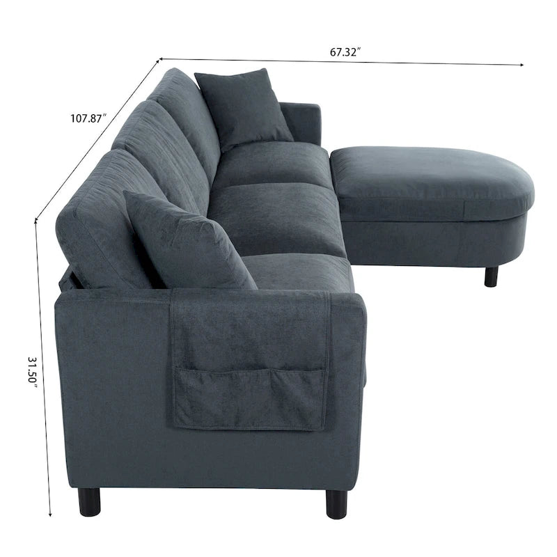Grey 107.87 Removable Cushion 4 Seater Sectional Sofa with Movable Ottoman, Storage Armrest Bag