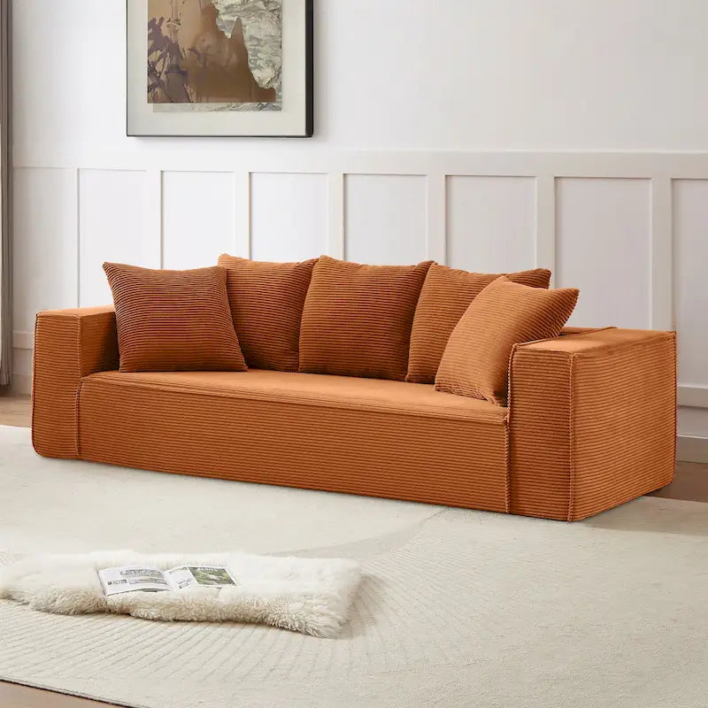88.97 Corduroy Modular 3-Seater Sofa with 5 Toss Pillows and Spacious Design