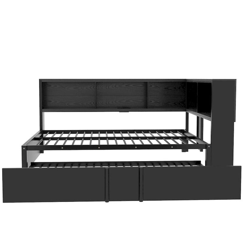 Full Metal Daybed with Trundle, Storage Cabinets, and USB Ports