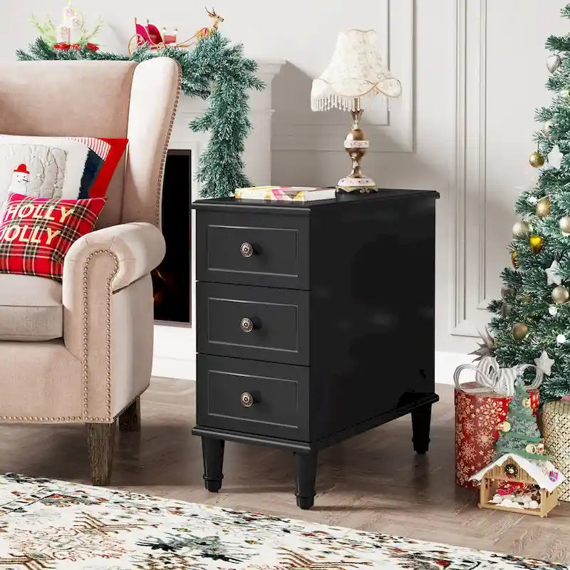 Solid Wood End Table with 3 Drawers, Fully Assembled Narrow Side Table