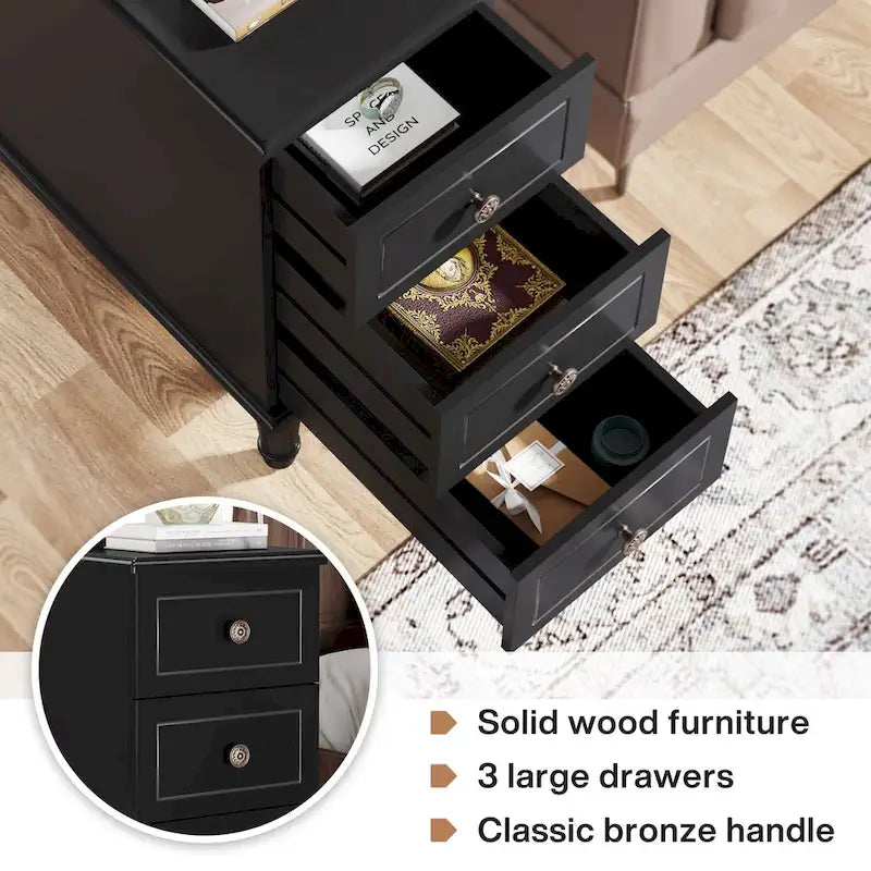 Solid Wood End Table with 3 Drawers, Fully Assembled Narrow Side Table