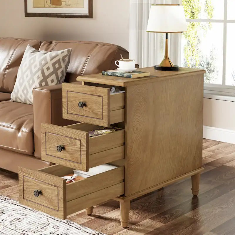 Solid Wood End Table with 3 Drawers, Fully Assembled Narrow Side Table