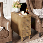 Solid Wood End Table with 3 Drawers, Fully Assembled Narrow Side Table