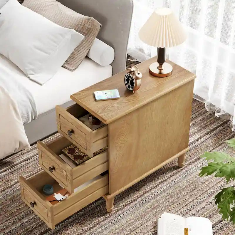 Solid Wood End Table with 3 Drawers, Fully Assembled Narrow Side Table