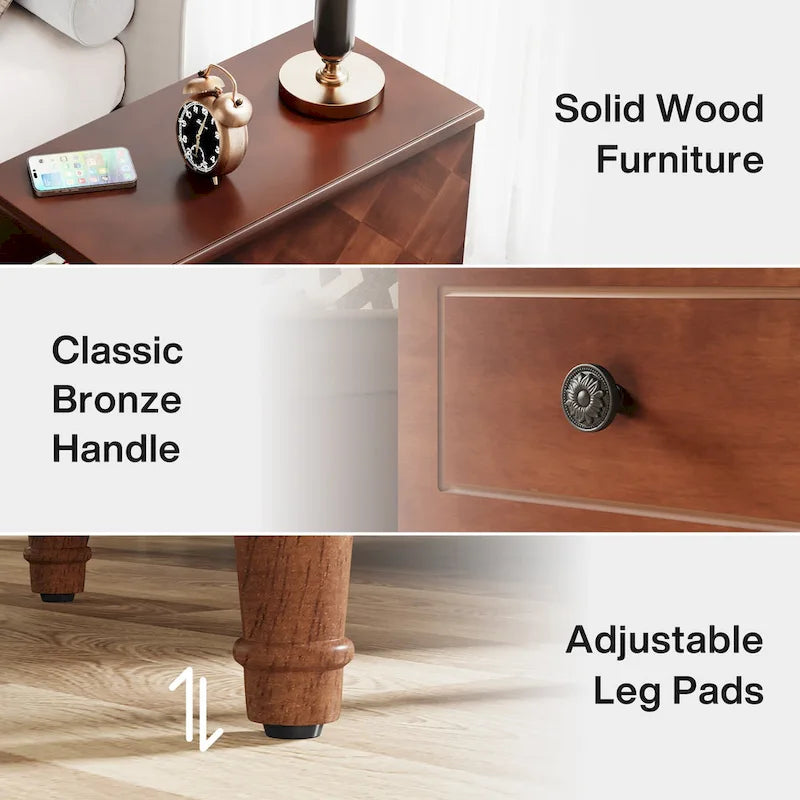 Solid Wood End Table with 3 Drawers, Fully Assembled Narrow Side Table