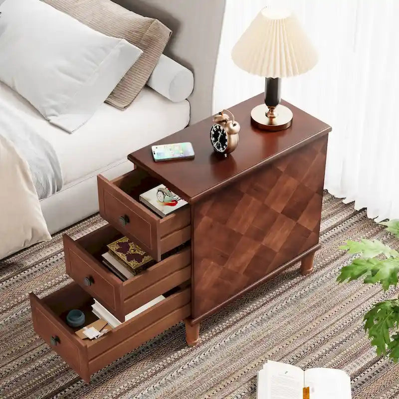 Solid Wood End Table with 3 Drawers, Fully Assembled Narrow Side Table