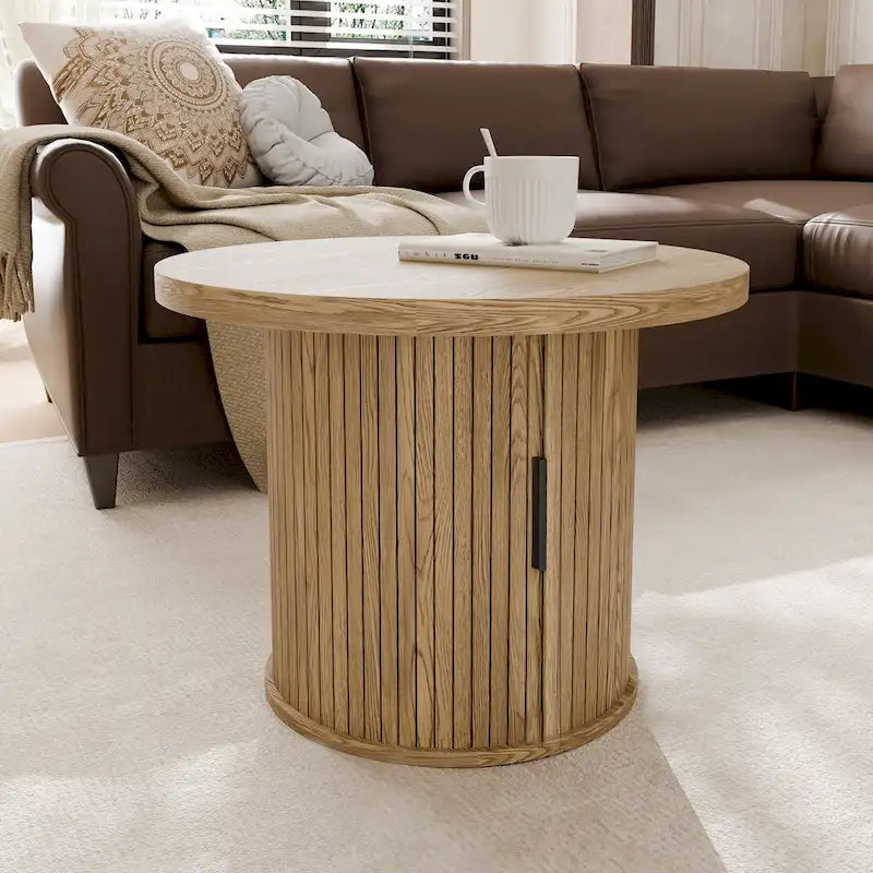 Tambour Design Round Coffee Table with Storage Shelf