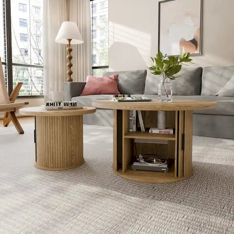 Tambour Design Round Coffee Table with Storage Shelf