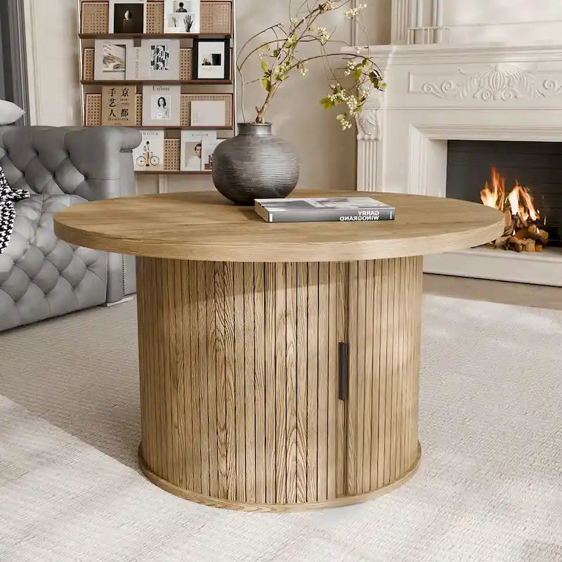 Tambour Design Round Coffee Table with Storage Shelf