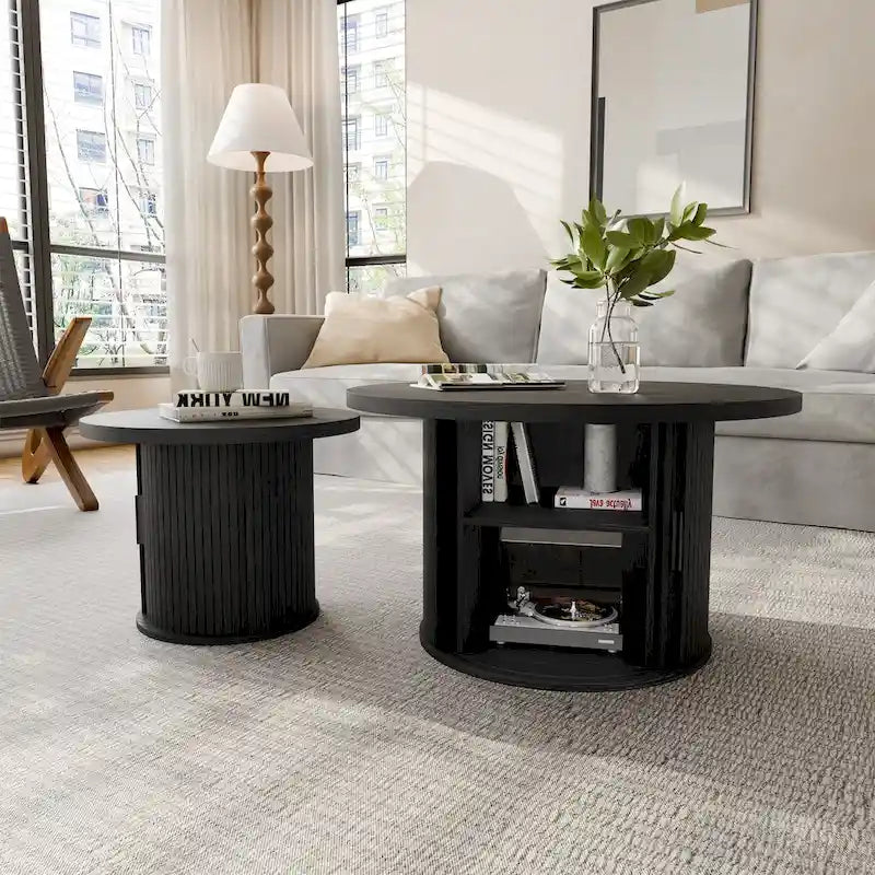 Tambour Design Round Coffee Table with Storage Shelf