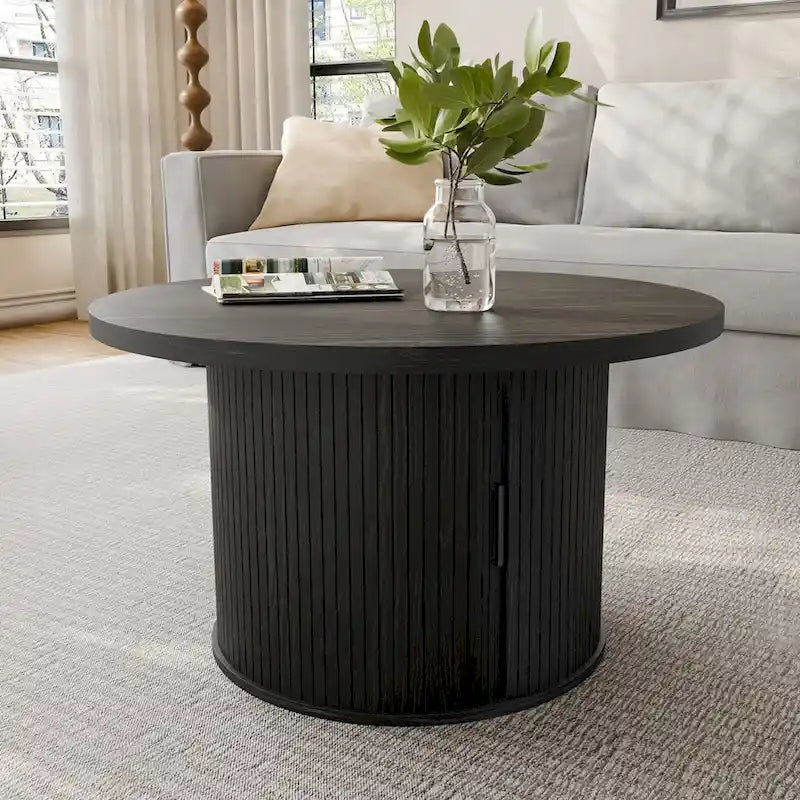 Tambour Design Round Coffee Table with Storage Shelf
