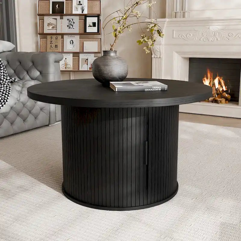 Tambour Design Round Coffee Table with Storage Shelf