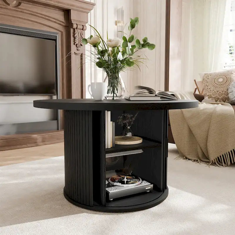 Tambour Design Round Coffee Table with Storage Shelf