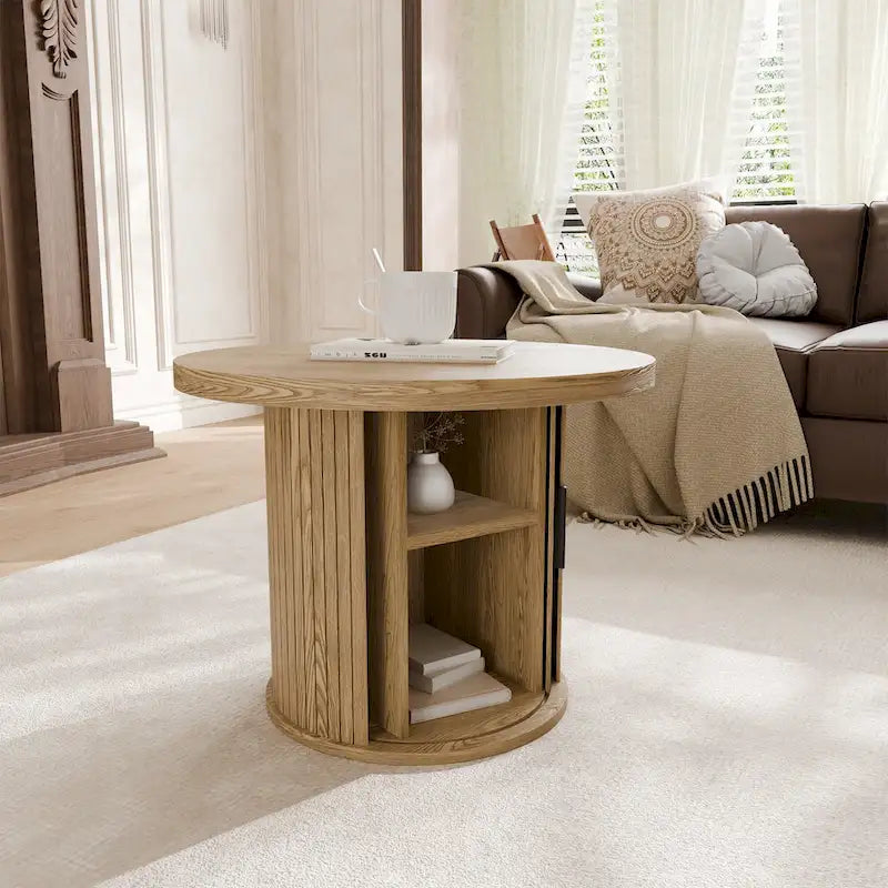 Tambour Design Round Coffee Table with Storage Shelf