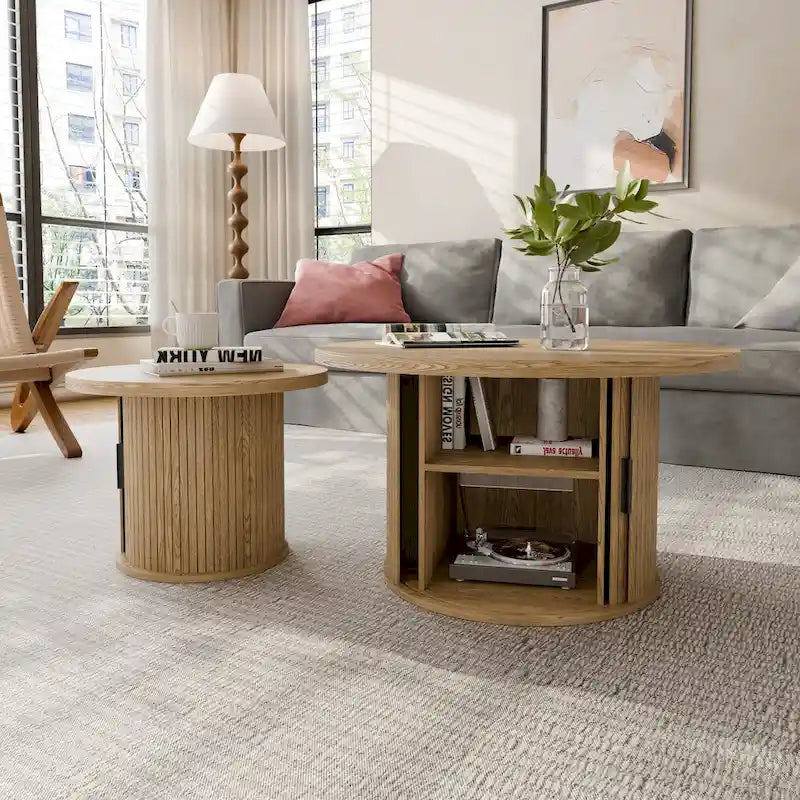 Tambour Design Round Coffee Table with Storage Shelf