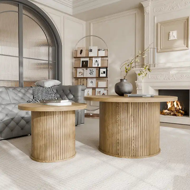 Tambour Design Round Coffee Table with Storage Shelf